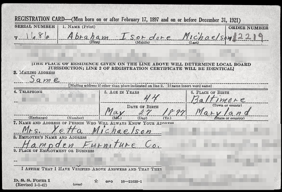 WWII registration card for Abraham Isadore Michaelson (blurred)