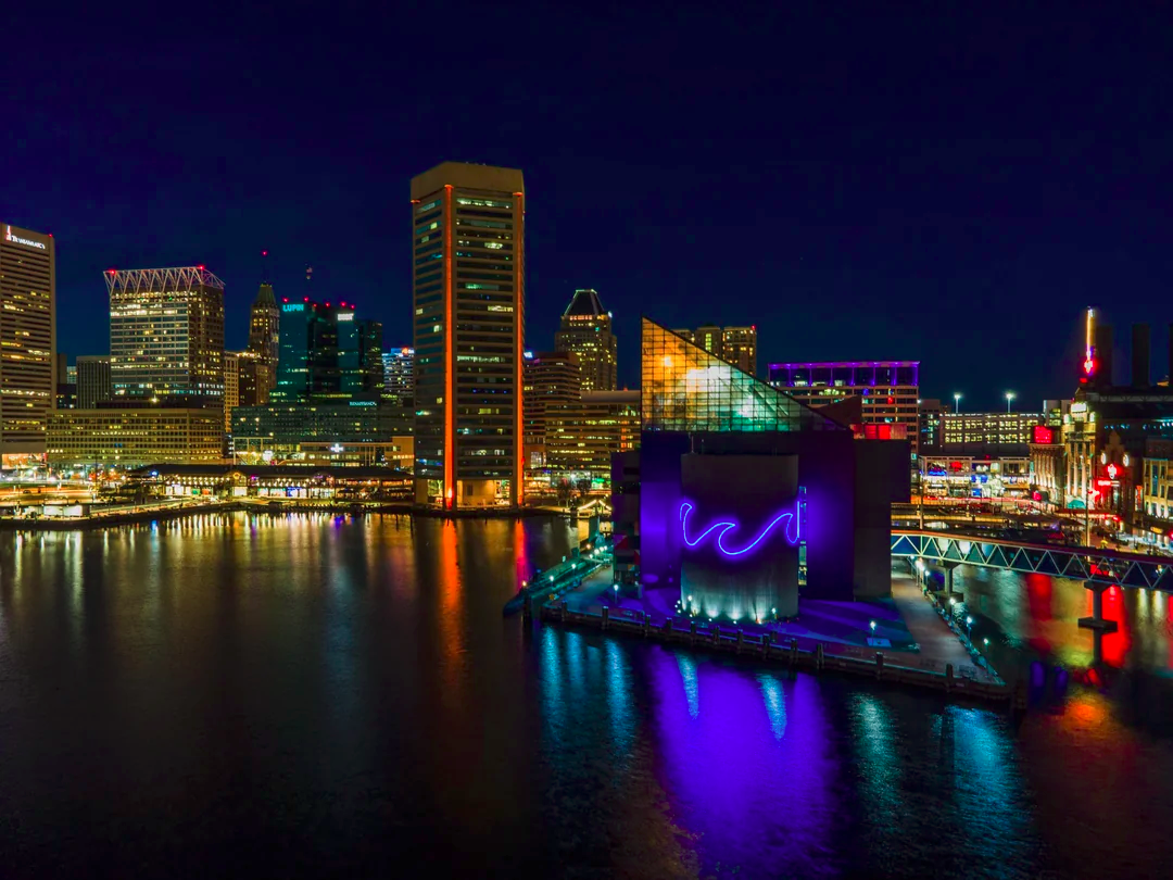 Baltimore harbor at night